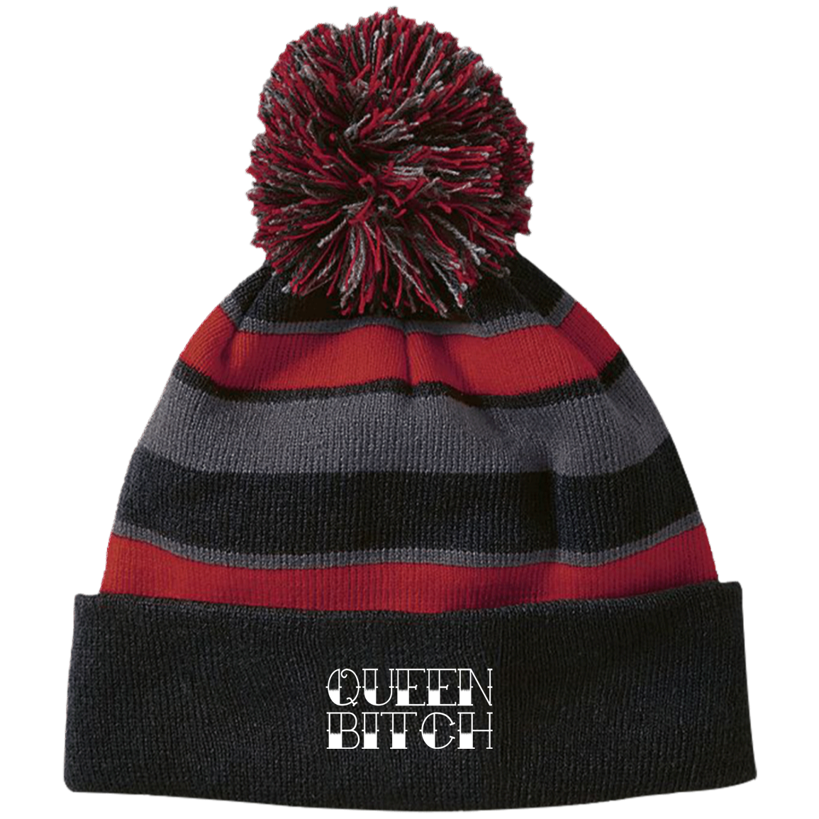 QUEEN BITCH Striped Beanie with Pom