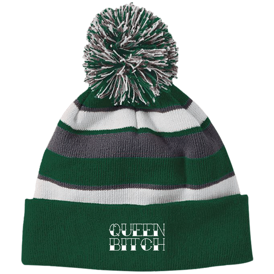QUEEN BITCH Striped Beanie with Pom