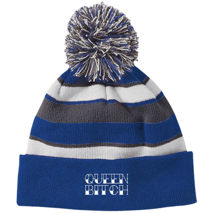 QUEEN BITCH Striped Beanie with Pom