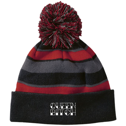 QUEEN BITCH Striped Beanie with Pom