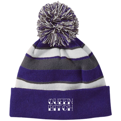 QUEEN BITCH Striped Beanie with Pom