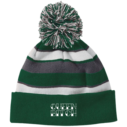 QUEEN BITCH Striped Beanie with Pom