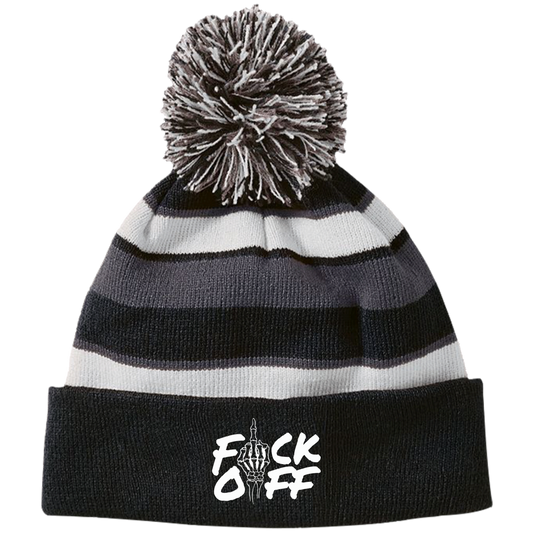 F*CK OFF Striped Beanie with Pom