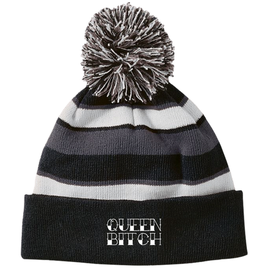 QUEEN BITCH Striped Beanie with Pom