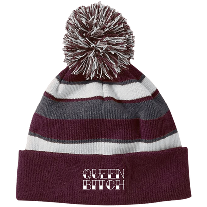QUEEN BITCH Striped Beanie with Pom